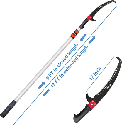 5-13FT Tree Trimmer Pole Saw, Tree Pruner Extendable, Long Handle Pruning Shears, Branch Cutter, Clippers, Hand Pruning Saws with Double Hook Saw Blade