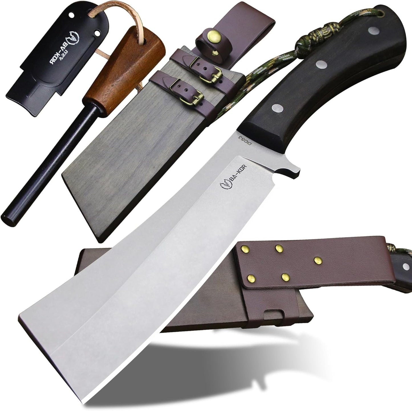 BA-KOR (Pioneer ) (14.6") DC53 steel 6mm thickened full Tang fixed knife+ Wooden sheath &(5.9IN) Cerium Igniter, suitable for outdoor hunting, cutting, chopping, camping, obstacle removal, exploration, fishing, EDC, BBQ (Sanding finish version)