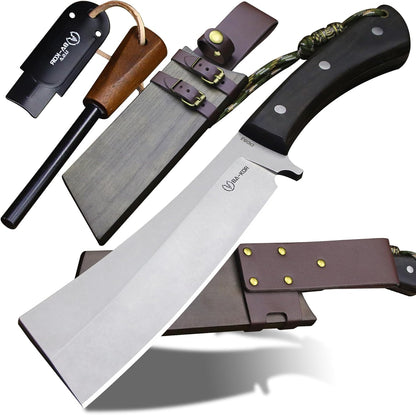 BA-KOR (Pioneer ) (14.6") DC53 steel 6mm thickened full Tang fixed knife+ Wooden sheath &(5.9IN) Cerium Igniter, suitable for outdoor hunting, cutting, chopping, camping, obstacle removal, exploration, fishing, EDC, BBQ (Sanding finish version)
