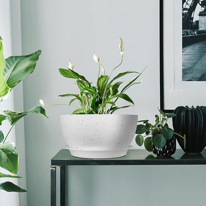12 inch Plant Pots Pack of 2, Plastic Planter with Drainage Holes and Saucers, Plant pots for Indoor Outdoor Use, Flower Pots for All House Plants (Speckled White)