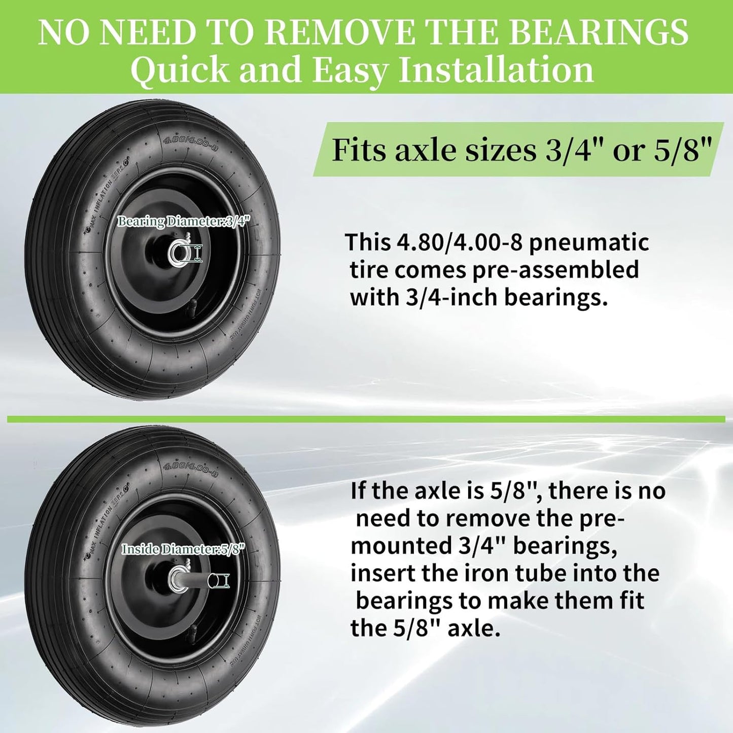 RRQ (2 Pack) 4.80/4.00-8 Tire and Wheel, 16" Pneumatic Wheelbarrow Tires with 3" Centered Hub and 3/4" Bearings (Comes with 5/8" ID Iron Tube Adapter), for Wheelbarrow, Garden Cart, Trailer and More