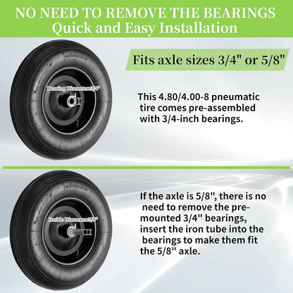 RRQ (2 Pack) 4.80/4.00-8 Tire and Wheel, 16" Pneumatic Wheelbarrow Tires with 3" Centered Hub and 3/4" Bearings (Comes with 5/8" ID Iron Tube Adapter), for Wheelbarrow, Garden Cart, Trailer and More