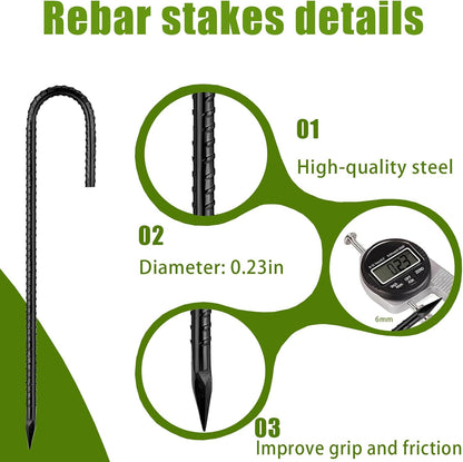 Rebar-Stakes-12Inch,J Hooks Ground Stakes Anchors for Gardening Black Coated Ground Stakes 4pcs Anti-Rust Heavy Duty Dog Fence Fixed Water Pipes Soccer Goals Tent Camping Trampoline