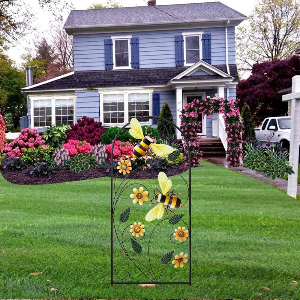 YEAHOME 34 Inch Decorative Metal Spring Garden Stakes with Flowers Bees, Vibrant Decorative Metal Spring Style, Metallic, Outdoor Decorative Garden Stakes