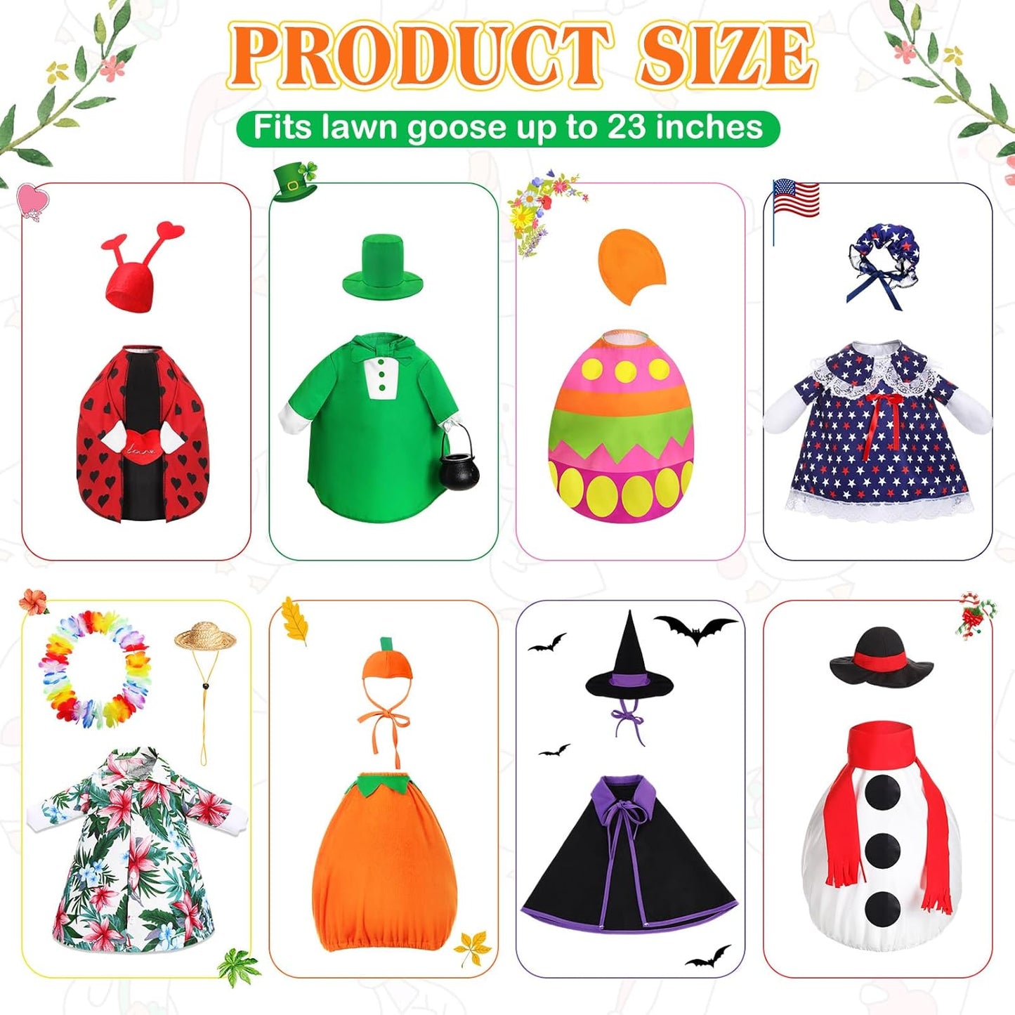 8 Set Seasonal Holiday Goose Outfits Fall Halloween Christmas Summer All Seasons Lawn Porch Goose Clothes Costume for 23" Cement Statue Garden Patio Outdoor Decoration(Classic Style)