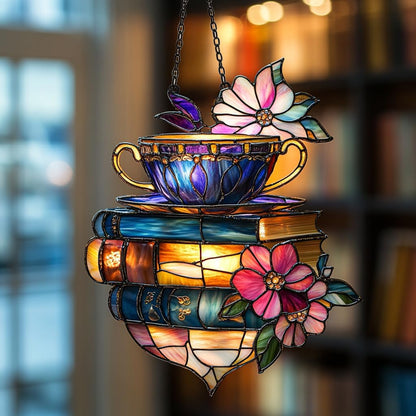 Floral Coffee Cup and Books Acrylic Suncatcher Stained Glass Effect Window Car Hanging Christmas Ornament Indoor Outdoor Decor Garden Sun Catcher Panel for Book Lover for Women Mom Grandma
