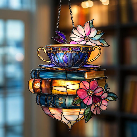 Floral Coffee Cup and Books Acrylic Suncatcher Stained Glass Effect Window Car Hanging Christmas