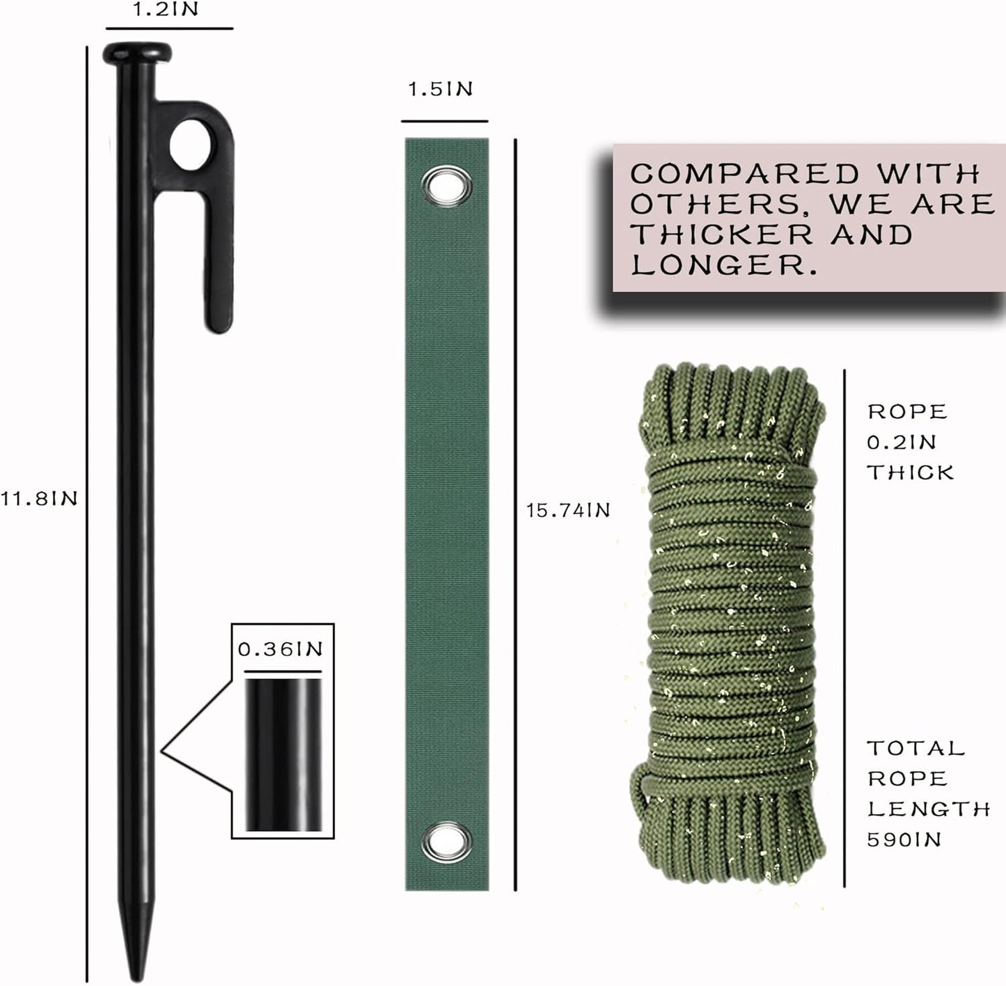 Tree Stake Kits, Tree Stakes and Supports Kits for Hurricane Protection & Bad Weather, Include 3 PCS 11.8" Heavy Duty Steel Tree Stakes, 3 PCS 15.8" Tree Straps and 50 FT Rope