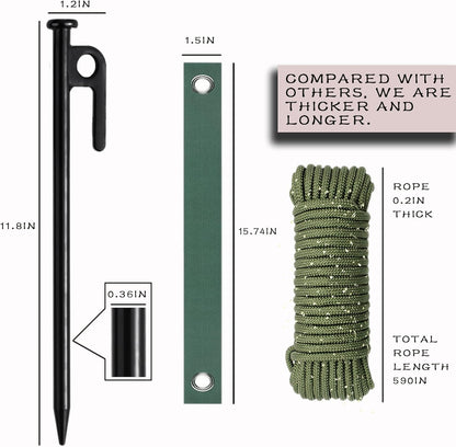 Tree Stakes Kits, Tree Stakes and Supports Kits for Hurricane Protection & Bad Weather, Include 6 PCS 11.8" Heavy Duty Steel Tree Stake, 6 PCS 15.8" Tree Straps and 100 FT Rope