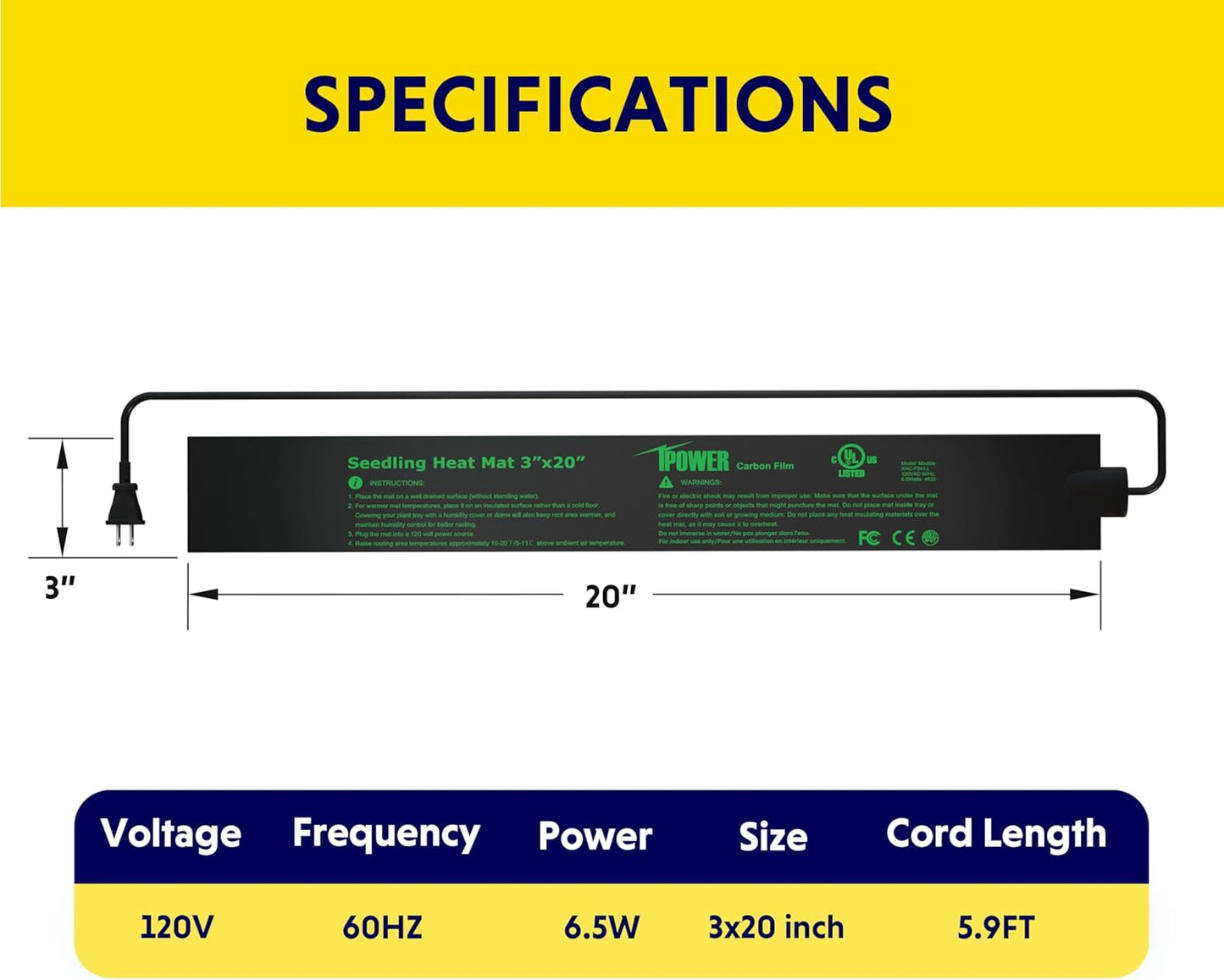 iPower Durable Seedling Heat Mat Warm 3" x 20" Hydroponic Heating Pad Waterproof for Seed Starting Greenhouse and Germination