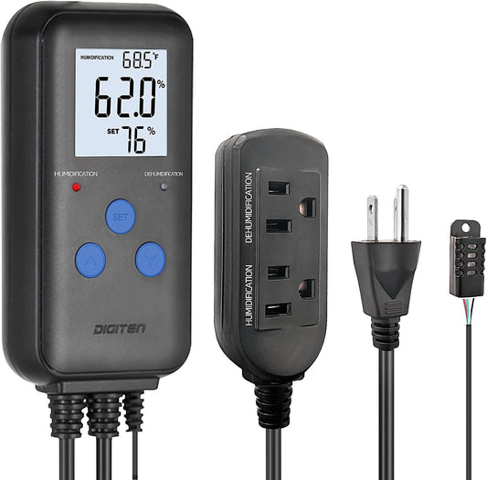 DIGITEN Humidity Controller Pre-Wired Digital Humidistat with Temperature Display, Dual-Stage Outlet Humidifier /Dehumidifier for Mushroom,Reptile, Greenhouse, Fan, Grow Tent