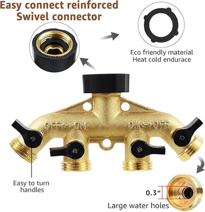 4 Way Brass Garden Hose Splitter Heavy Duty Garden Tap Hose Adapter Nozzle Switcher Connector with 4 Shut-Off Valves for Garden Irrigation Watering (American Thread 3/4)