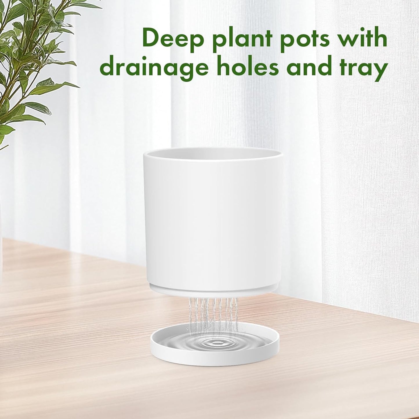 10/8/6 inch Deep Flower Pots, 3 Pack Cylinder Tall Plant Pots for Outdoor Indoor Plants, Large Decorative Plastic Planters with Drainage Holes and Saucers for Garden House Plants, White