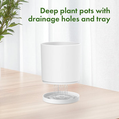 10/8/6 inch Deep Flower Pots, 3 Pack Cylinder Tall Plant Pots for Outdoor Indoor Plants, Large Decorative Plastic Planters with Drainage Holes and Saucers for Garden House Plants, White