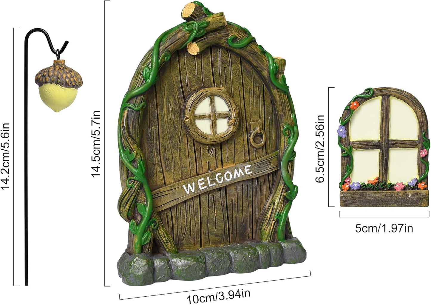 Resin Fairy Door and Window with Lantern for Trees,Glow in The Dark,Miniature Fairy Garden Accessories,Garden Outdoor Decorations for Trees,Gnomes House,Elf House