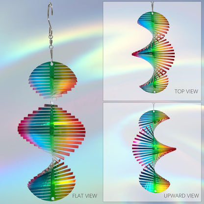 Rainbow Wave Wind Spinners Outdoor Hanging Decor,7In Stainless Steel Reflective Wind Spinner Yard Art Wind Sculpture,Rainbow Helix Mini Wind Spinners for Yard and Garden Ornaments Gifts