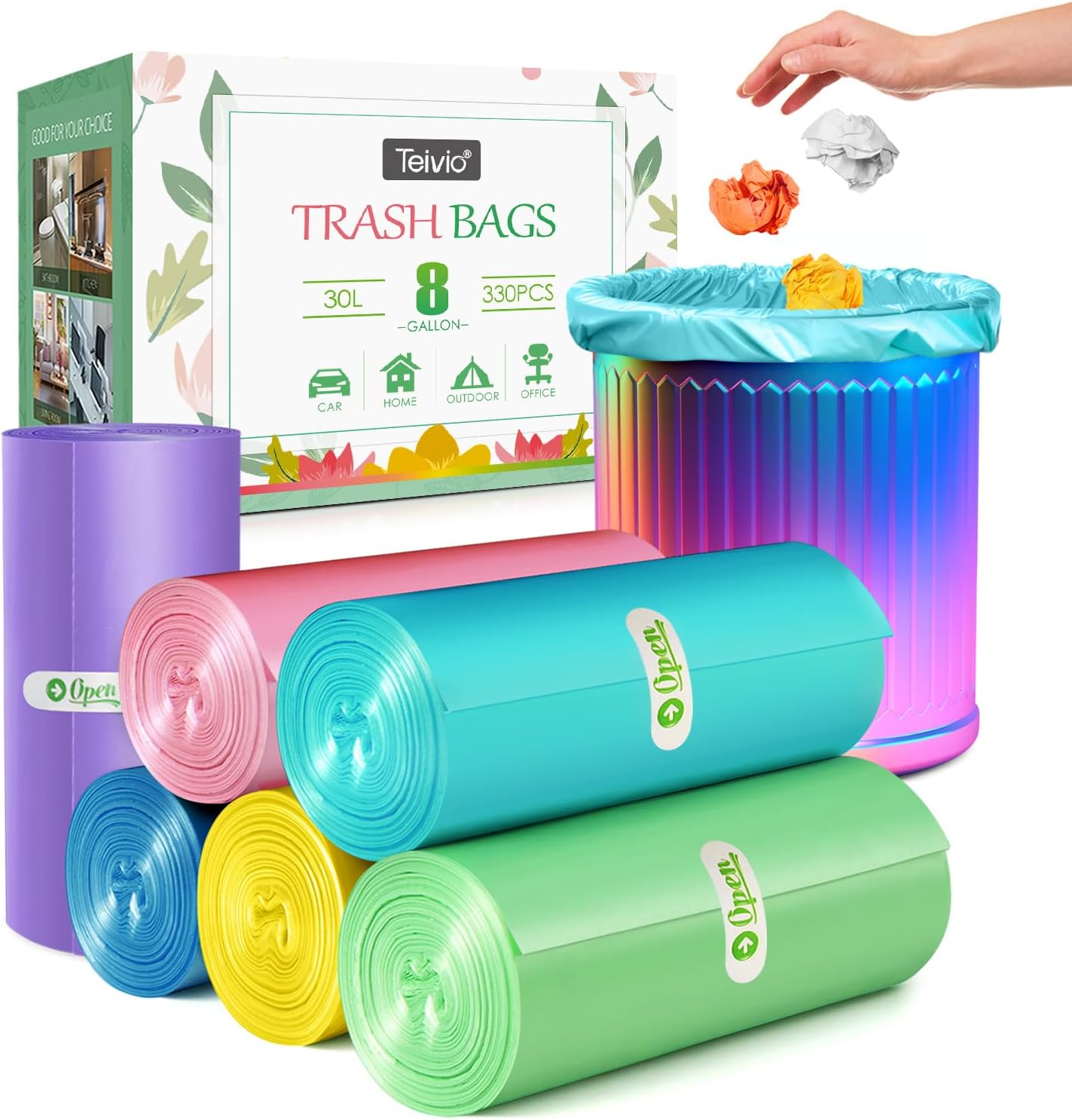 8 Gallon 330 Counts Strong Trash Bags Garbage Bags by Teivio, Bathroom Trash Can Bin Liners, Plastic Bags for home office kitchen，Multicolor