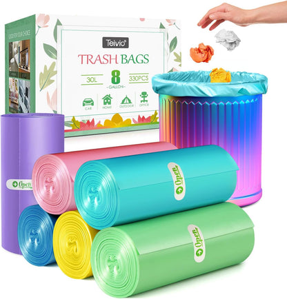 8 Gallon 330 Counts Strong Trash Bags Garbage Bags by Teivio, Bathroom Trash Can Bin Liners, Plastic Bags for home office kitchen，Multicolor