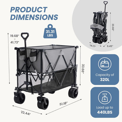 DUMOS Large Capacity Folding Double Decker Wagon with Brakes, 440 lbs Wagons Carts Foldable Wagon Cart with Flexible Handle, All-Terrain Big Wheels for Grocery Sports Garden Camping