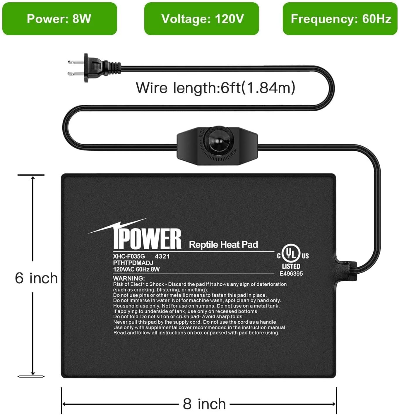 iPower 6 by 8 Inch Reptile Heating Pad with Temperature Adjustable Controller Knob, Under Tank Warmer Terrarium Heat Mat for Reptiles and Amphibians