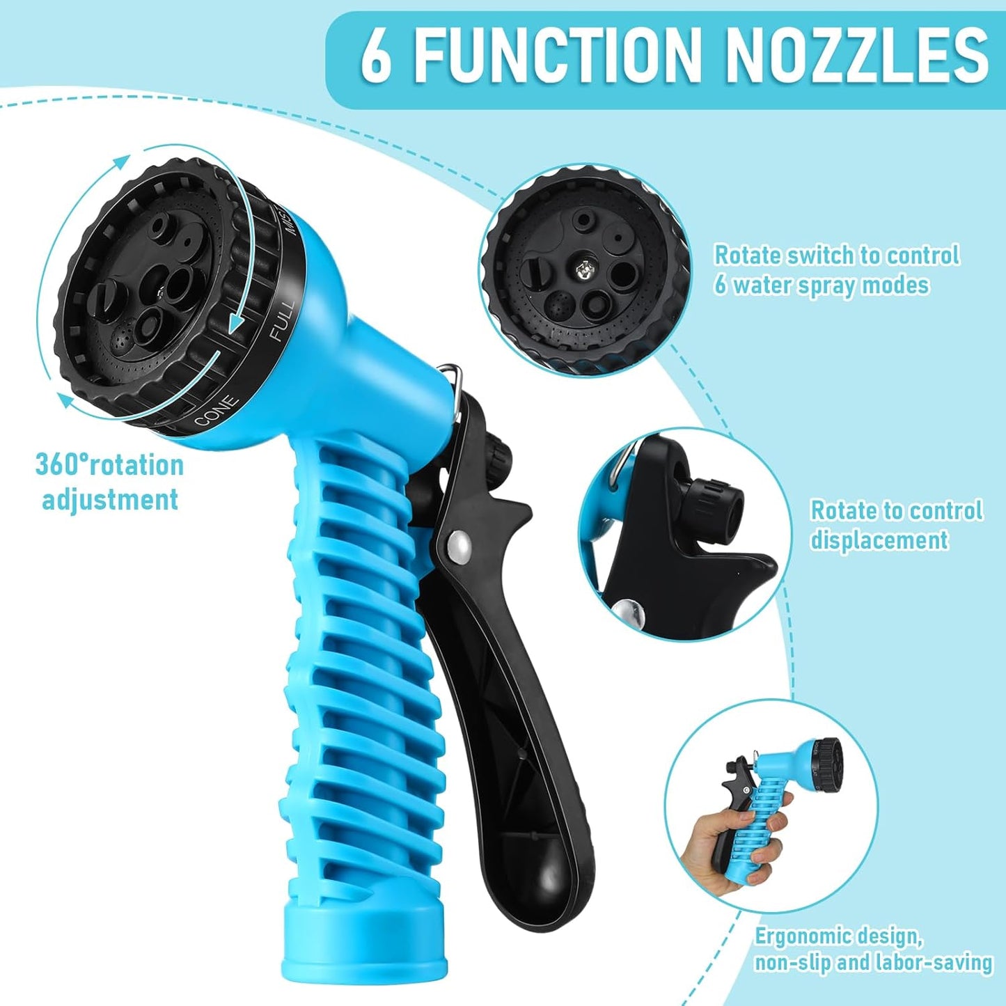 Pangda 25 Ft x 3/8'' Coil Garden Hose EVA Recoil Garden Self Coiling Expanding Water Hose with 6 Function Spray Nozzle Universal 3/4'' Brass Connector Fitting for Outdoor Yard(Blue)