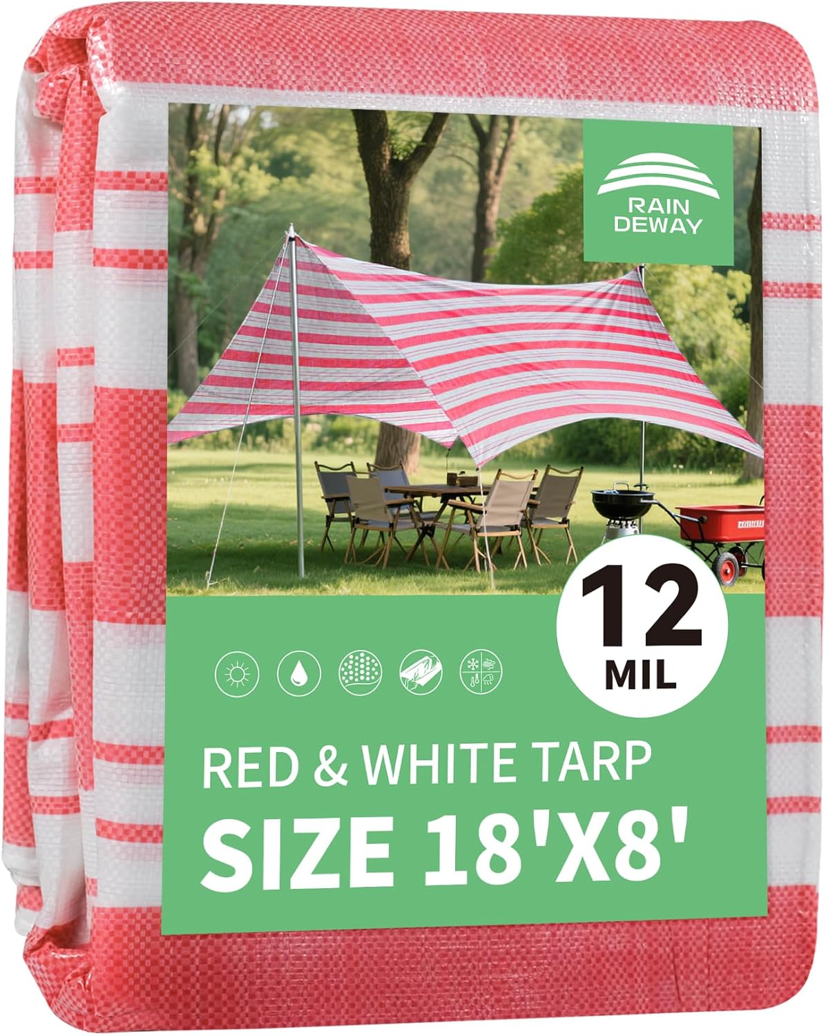RAINDEWAY Tarps 8x18 Feet,12 Mil Sunshade Striped Tarp Waterproof,Multipurpose Poly Tarp Cover with Grommets and Reinforced Edges,Red/White Tarps