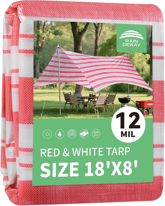 RAINDEWAY Tarps 8x18 Feet,12 Mil Sunshade Striped Tarp Waterproof,Multipurpose Poly Tarp Cover with Grommets and Reinforced Edges,Red/White Tarps