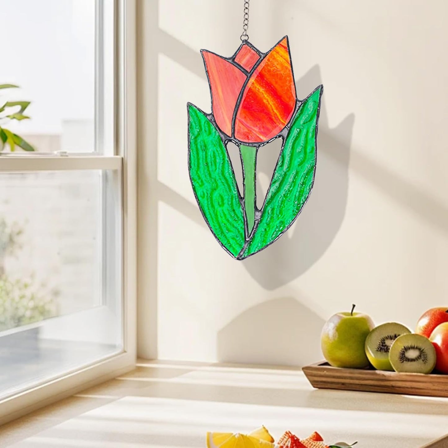 Tulip Stained Glass Window Hanging Suncatcher Handmade Flower Plant Stained Glass Sun Catchers Perfect for Indoor Window,Kitchen,and Living Rooms Spring Home Decor Gifts for Mom Women Plant Lover