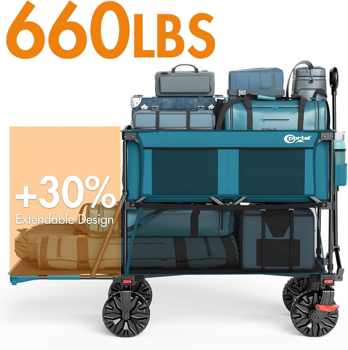 Portal Collapsible Large Double Decker Wagon with Brakes, 660lb Foldable Heavy Duty Utility Wagon Cart, 400L All-Terrain Big Wheels & 54" Extra Long Extender for Sports, Camping & Outdoor Use