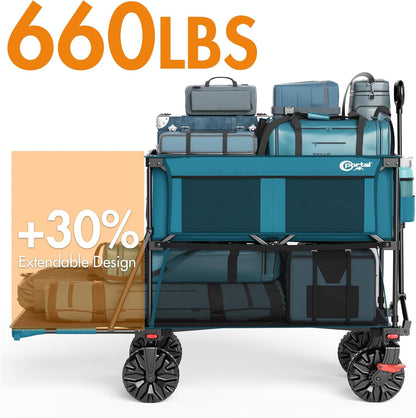 Portal Collapsible Large Double Decker Wagon with Brakes, 660lb Foldable Heavy Duty Utility Wagon Cart, 400L All-Terrain Big Wheels & 54" Extra Long Extender for Sports, Camping & Outdoor Use