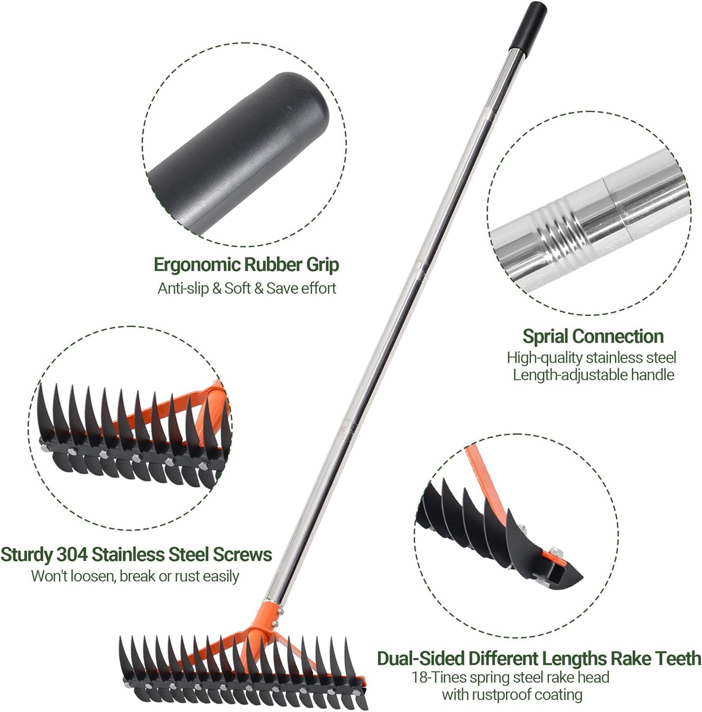 Thatch Rake for Lawns 18 Sharp Tempered Spring Steel Tines Dethatcher Rake Heavy Duty Dethatching Rakes with 62.5" Adjustable Stainless Steel Handle for Lawn Care，Dead Grass, Garden, Yard