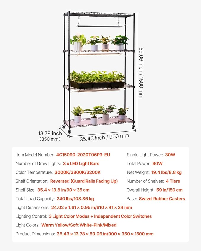 VEVOR Plant Shelf with Grow Light, 4-Tier Indoor Plant Stand, 59in Tall Plants Display Rack with Wheels, 90W 3-Color Full Spectrum Grow Lights, Heavy Duty Metal Flower Pot Holder for Seed Starting
