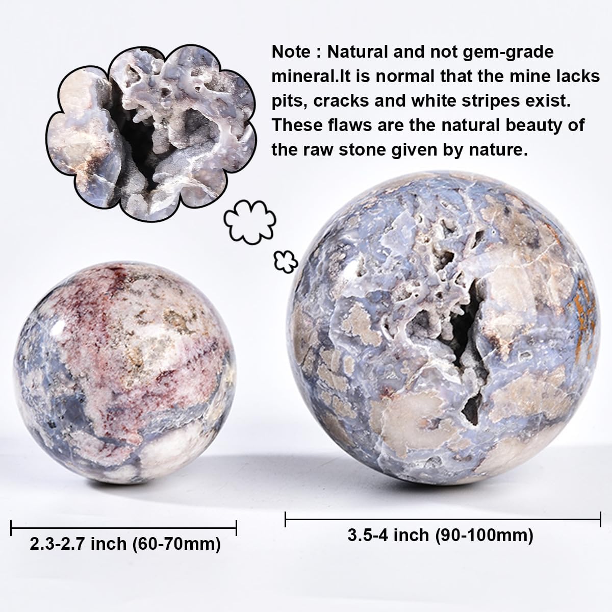 JIC Gem Large Blue Cherry Blossom Agate Crystal Ball with Stand Crystal Sphere Natural Sakura Flower Agate Stone Reiki Healing Meditation Witchcraft Home Decor 3.5-4 inch(90-100mm)