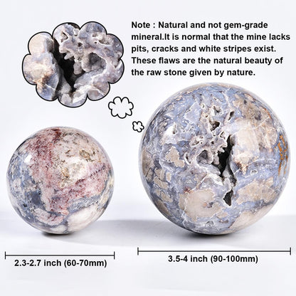 JIC Gem Large Blue Cherry Blossom Agate Crystal Ball with Stand Crystal Sphere Natural Sakura Flower Agate Stone Reiki Healing Meditation Witchcraft Home Decor 3.5-4 inch(90-100mm)
