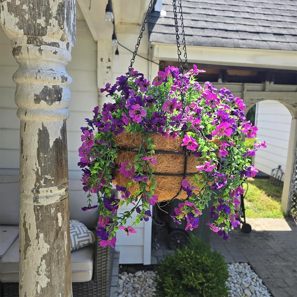 Artificial Hanging Plants Flowers Fake Outdoor Plants Artificial for Porch Hanging Faux Flowers Outdoor Home Porch Decor (2Pcs, Double Purple)