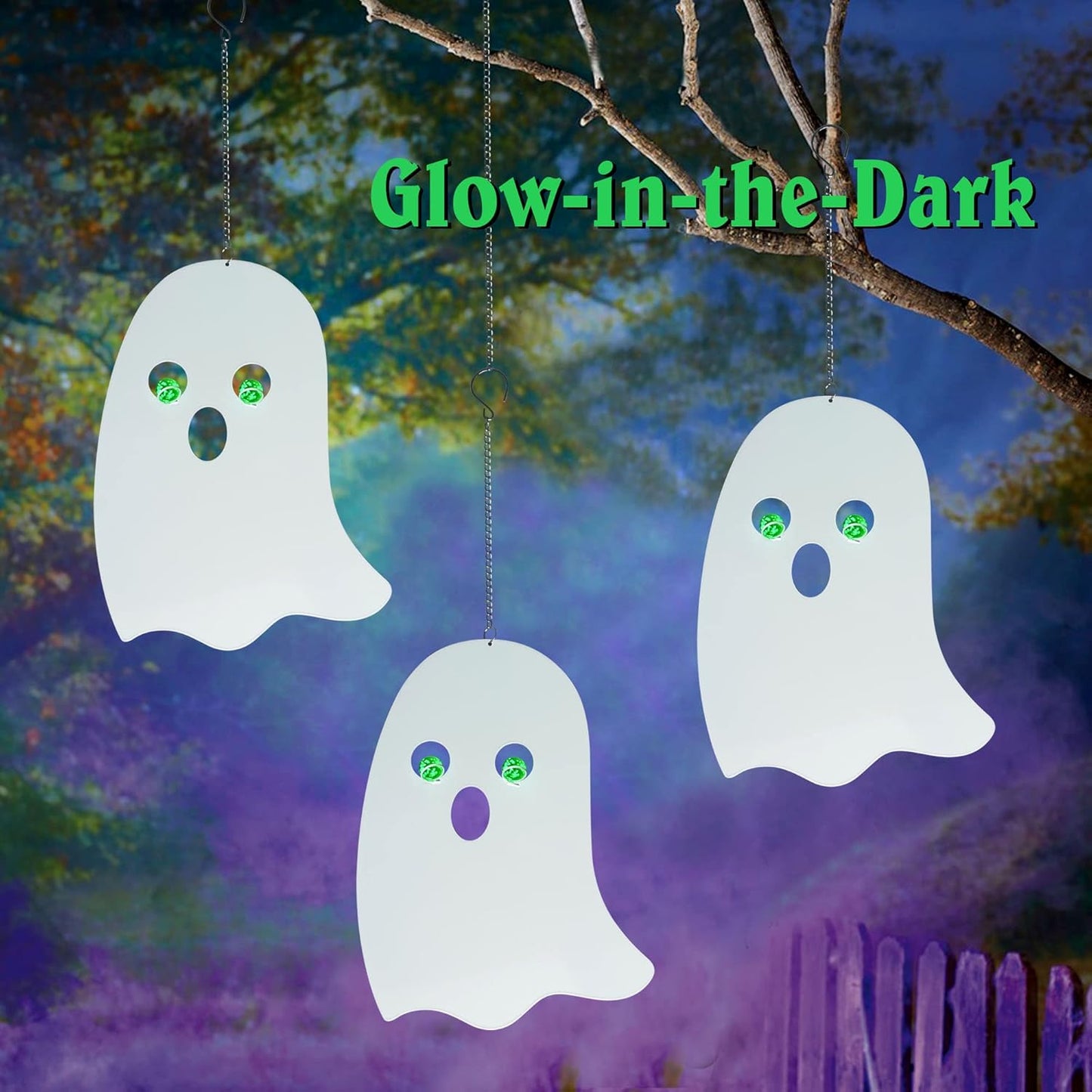 WAIU Outdoor Metal Hanging Ghosts, Halloween Decoration, Glow-in-The-Dark Ghosts, Silhouette Pendant Outdoors, Halloween Decorative Animals, Set of 3