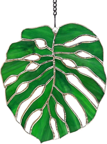 Tuitessine Monstera Suncatcher Stained Glass Leaf Exotic Jungle Tropical Decor Window Wall Hanging Home Decor Green Nature Ornament Glass Panel Birthday Gift for Grandma Plant Lovers 7.5 * 6.5”
