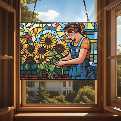 Customized Rectangle Boho Florist Arranging Sunflowers Stained Glass Window Hanging, Suncatcher for Women, Stained Glass Window Decor Perfect Home Décor