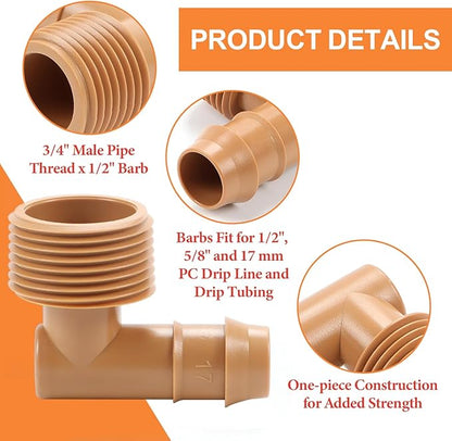 12 Pieces 3/4 Inch PVC to 1/2 Inch Drip Irrigation Adapter Fittings, 3/4" Male Pipe Thread(MPT) x 1/2" Drip Line Barbed Elbow Connectors 3/4-in PVC to 1/2-in Poly Tubing Adapter