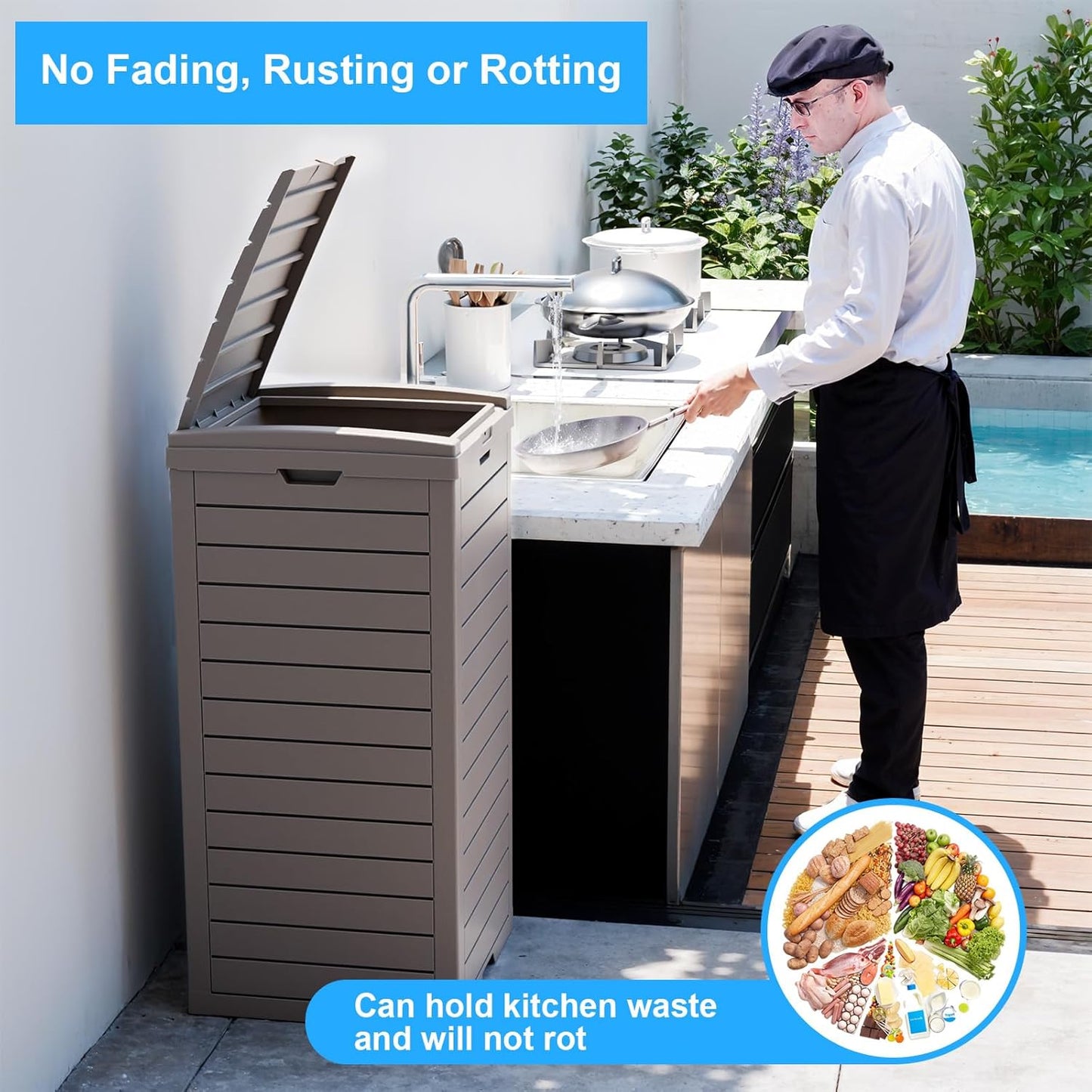 Outdoor Trash Can with Lid, Outdoor Trash Bin & Pull-Out Liquid Drawer, Dual Lid Closure Design, Waterproof Resin Garbage Can Container for Patio, Backyard, Deck (Grey, 31 Gallon)