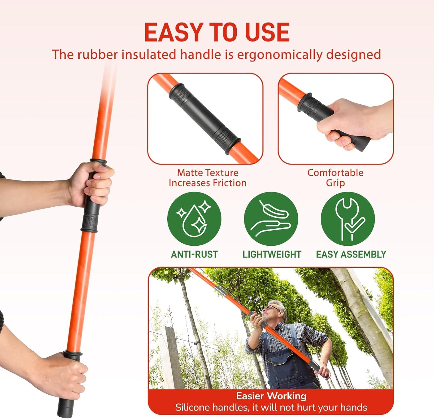 Outvita Manual Pole Saw, 26 Feet Extendable Tree Pruner with Knives and Storage Pocket, Sharp Steel Blade and Scissors High Branches Trimming for Pruning Palms and Shrubs（Orange）