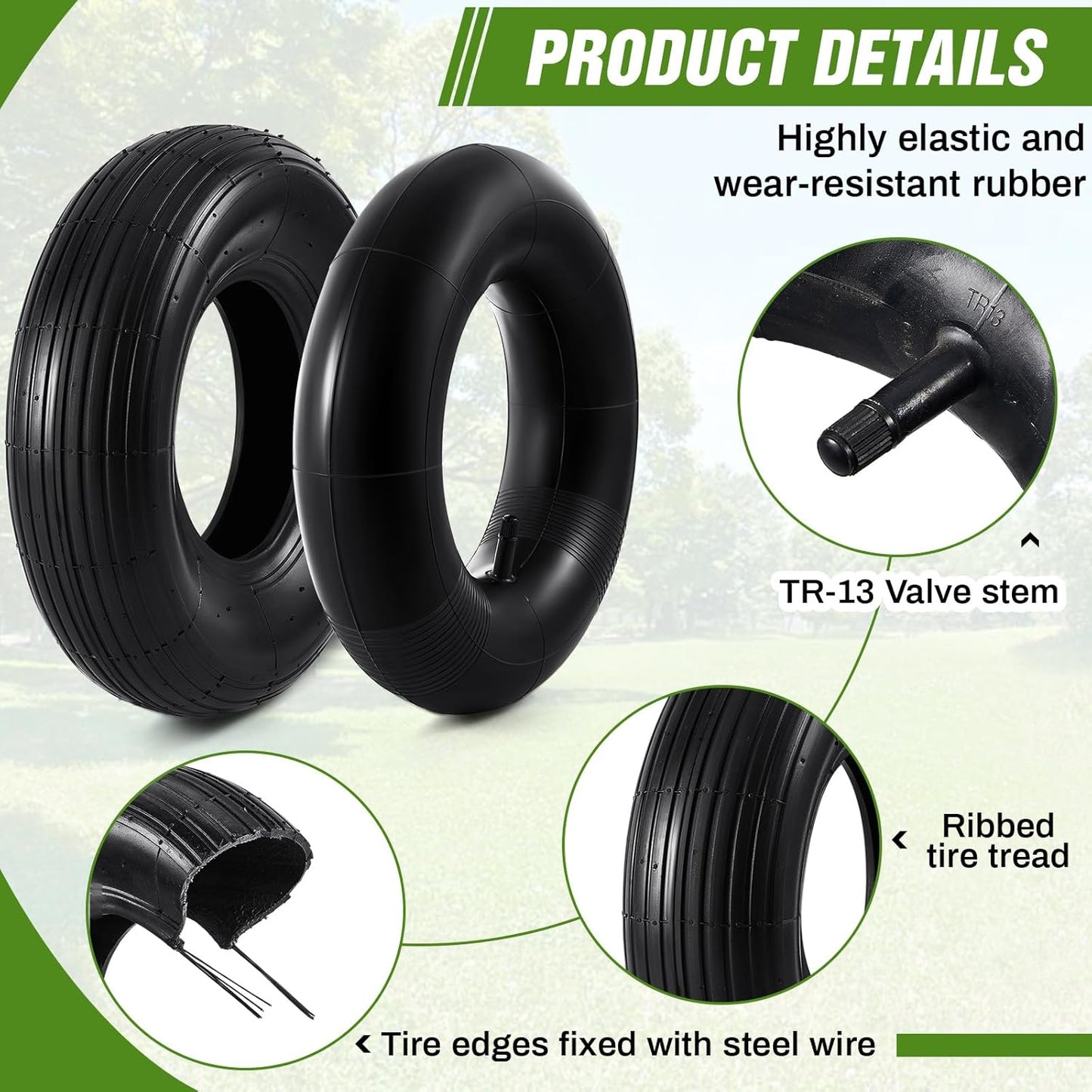 4 Sets 13'' 4.00-6 Replacement Tire and Inner Tube Set Heavy Duty 4.00-6 Tire and Wheel with TR13 Straight Valve Stem and Ribbed Tire Treads, for Wheelbarrow Trolley Garden Wagon Wheels