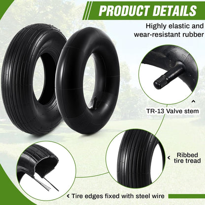 4 Sets 13'' 4.00-6 Replacement Tire and Inner Tube Set Heavy Duty 4.00-6 Tire and Wheel with TR13 Straight Valve Stem and Ribbed Tire Treads, for Wheelbarrow Trolley Garden Wagon Wheels