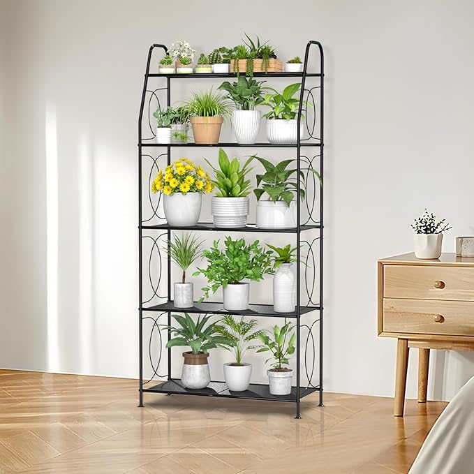 5 Tier Plant Stand Indoor Outdoor, Heavy Duty Plant Shelf, Metal Mesh Tall Plant Stands Holder Rack for Living Room Balcony and Garden, Black
