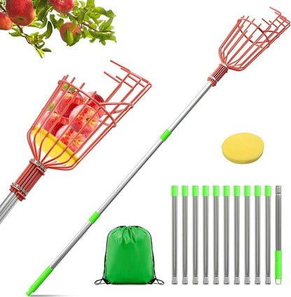 SHOUNAJIA 5-13FT Fruit Picker, Adjustable Long Handle Fruit Picker Pole with Basket, Fruit Picker Tool for Apple Lemon Orange Mango Avocado Fruit Mango Picking