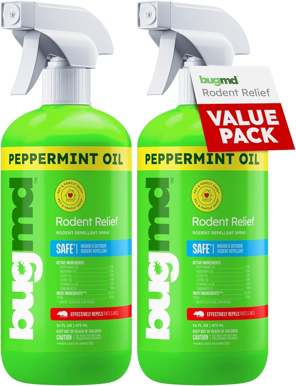BugMD Peppermint Oil Spray for Rodents (2 Pack- 16oz) Mouse Repellent & Rodent Repellent Spray, Natural Mice Repellent with Cinnamon, Clove, and Rosemary Oils - Safe Indoor & Outdoor Use