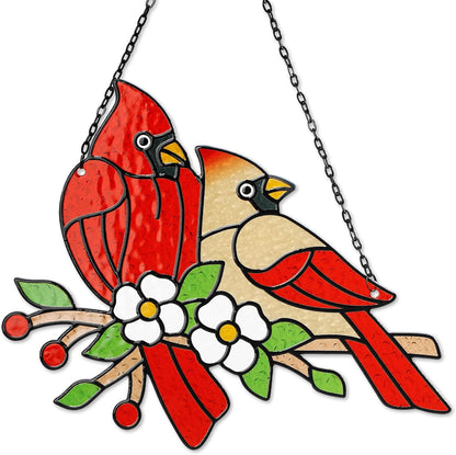 Tuitessine Cardinal Glass Suncatcher Red Bird Stained Glass Sun Catcher Cardinal Glass Wall Window Hanging Ornament Hand-Painted Glass Panel Decor Christmas for Mom Grandma Birds Lover 7.9×7.6”