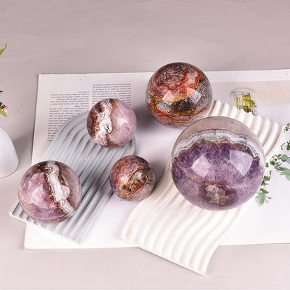 JIC Gem Natural Amethyst Agate Crystal Sphere Ball Purple Crystal Decorative Ball with Wooden Stand Meditation Balls for Witchcraft Reiki Healing Gift 50-60mm