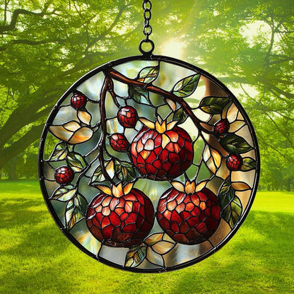 Cottage Pomegranate Acrylic Suncatcher Stained Glass Effect Window Car Hanging Christmas Ornament Indoor Outdoor Decor Garden Sun Catcher Panel for Acrylic Suncatcher Lover for Women Mom Grandma