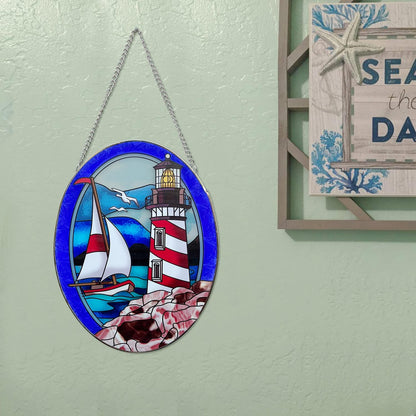 Pigeon Point Lighthouse Stained Glass Window Hanging, Suncatcher Home Decor with Chains, Suncatcher for Windows, Colorful Glass Ornament, Indoor Outdoor Home Decor Garden Decoration